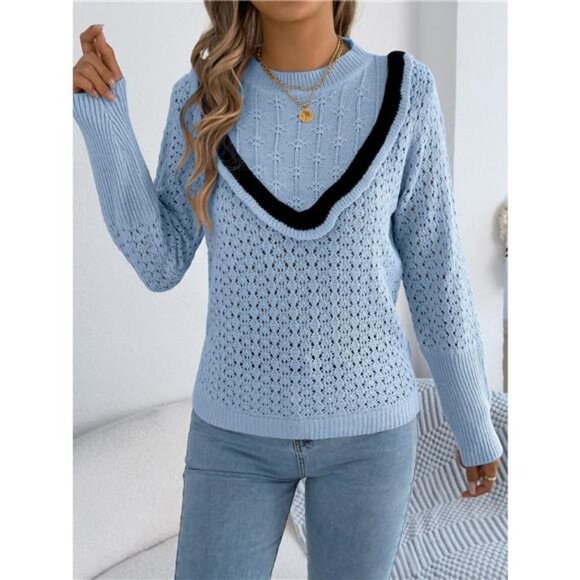 Hollow-Out Knit Top with Contrast Trim - Picture 4 of 16